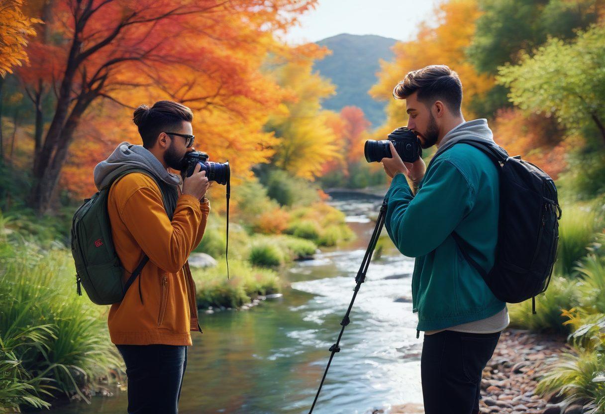 A dynamic scene featuring a photographer with a high-tech digital camera and a videographer with a sophisticated video camera, capturing vibrant moments in a scenic outdoor setting. The backdrop should include urban and natural elements blending seamlessly, indicating versatility in equipment use. super-realistic. vibrant colors. modern aesthetic.